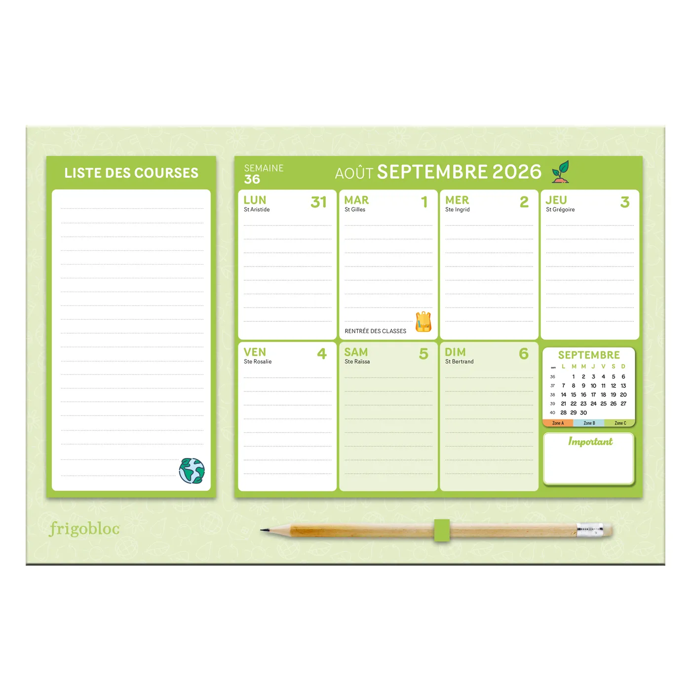 Frigobloc Hebdomadaire Anti-gaspi 2027 calendrier familial