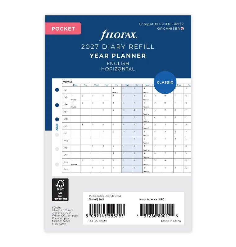 Filofax Pocket recharge planning annuel 2027 horizontal