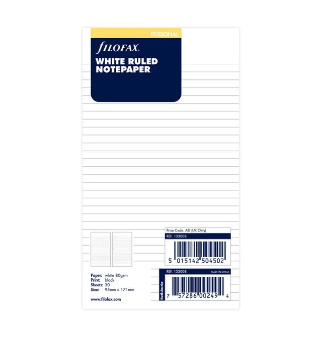 Filofax Classic feuilles lignées Personal x30 blanches