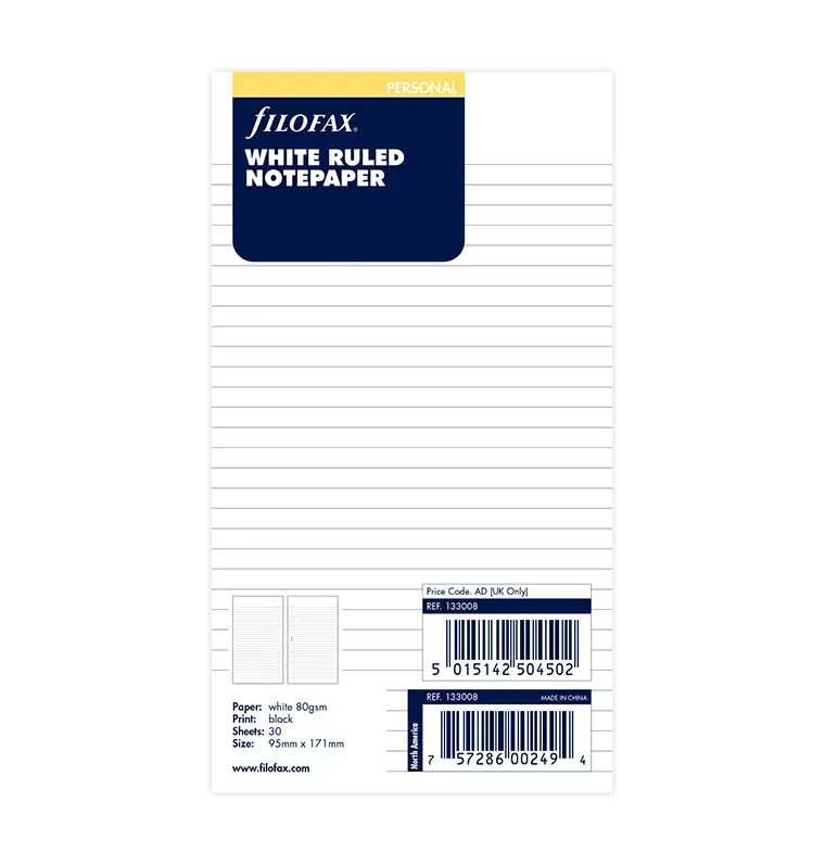 Filofax Classic feuilles lignées Personal x30 blanches