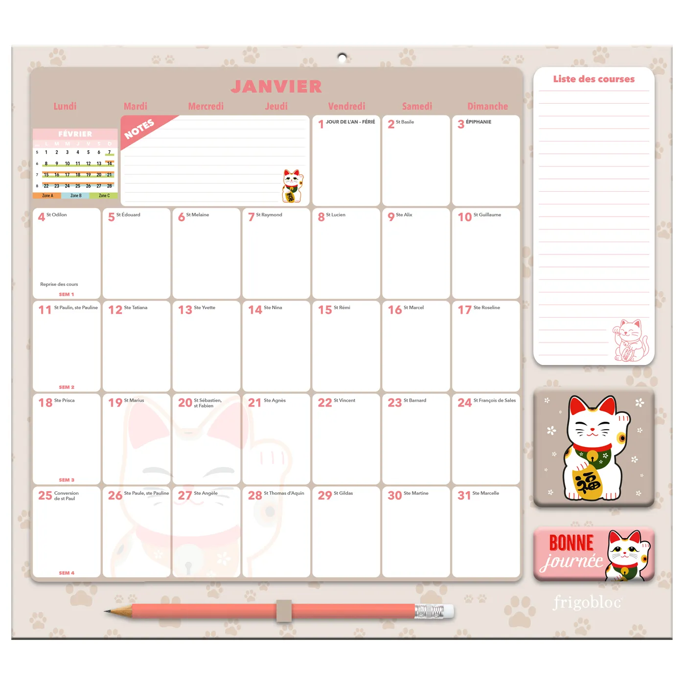 Frigobloc Mensuel 2027 Déco Chats calendrier familial aimanté