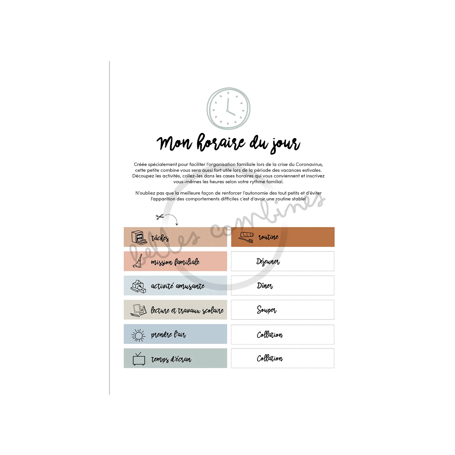 Les Belles Combines Mon horaire du jour fiche routine française