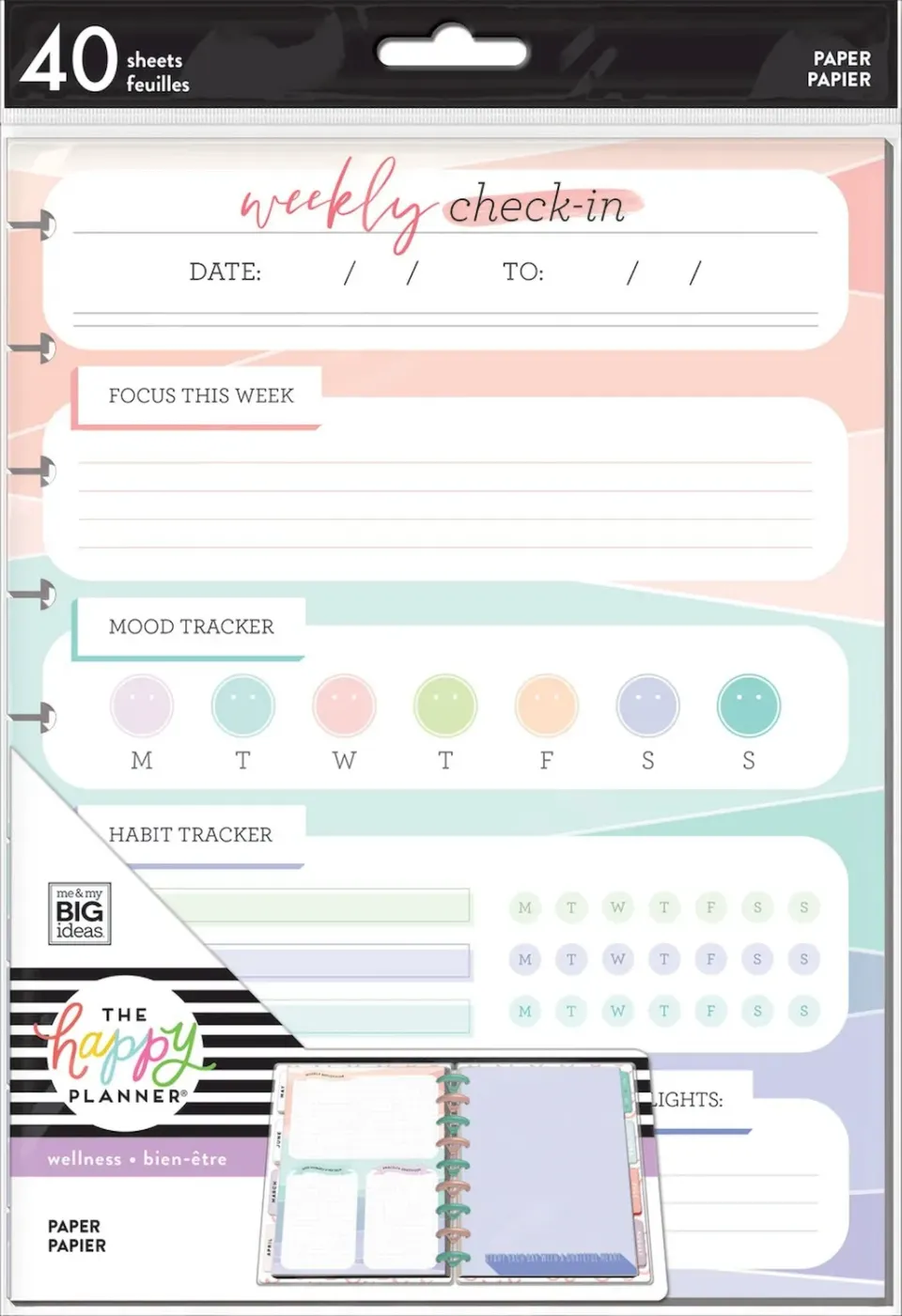 Happy Planner Wellness Mood Tracker Classic 40 feuilles