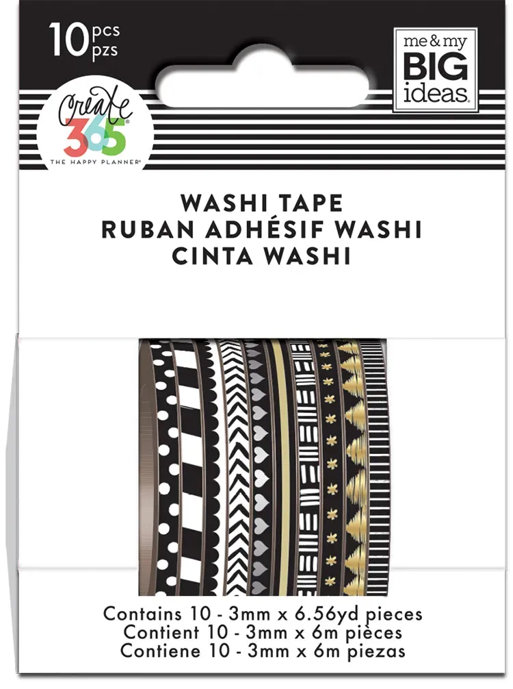 Happy Planner washi tape fin noir et blanc 10 rouleaux