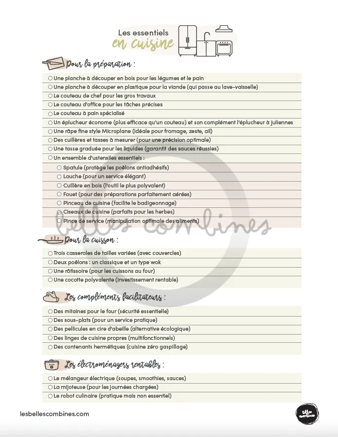 Les Belles Combines Essentiels cuisine liste achats à imprimer française
