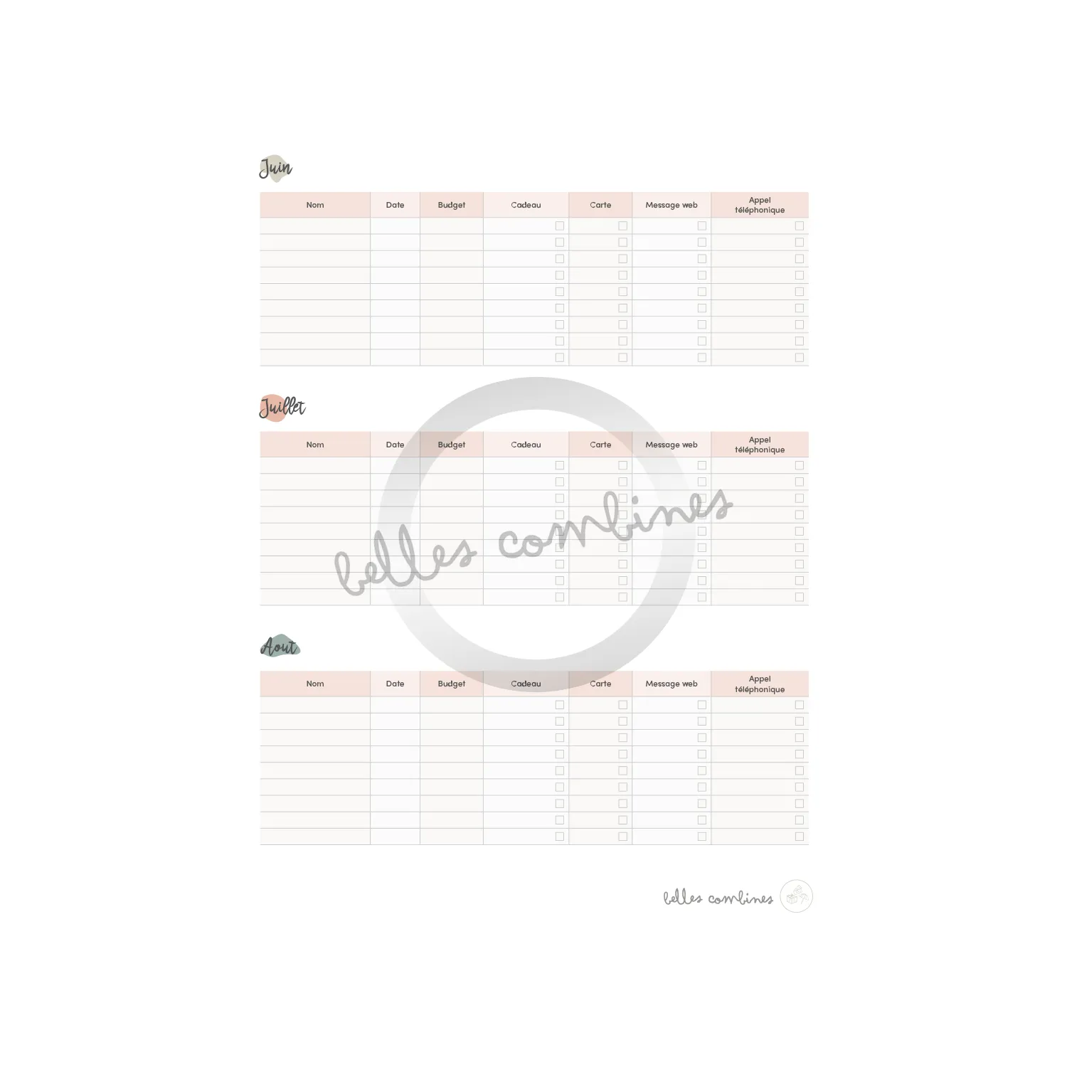 Les Belles Combines Calendrier anniversaires fiche française fêtes