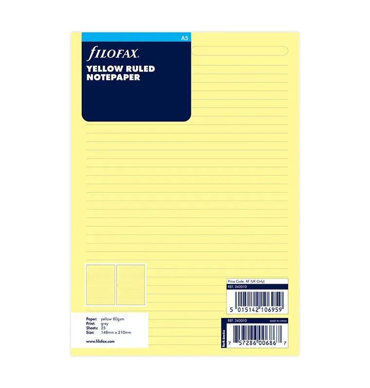 Filofax recharge papier ligné jaune A5 25 feuilles