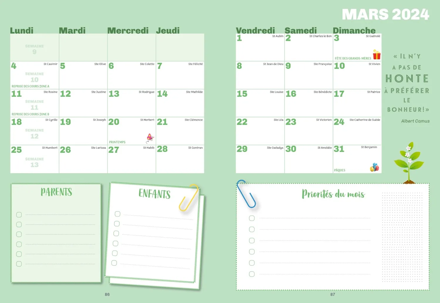 Frigobloc Agenda 2024 Ultra Simple compact famille sept 2023-déc 2024
