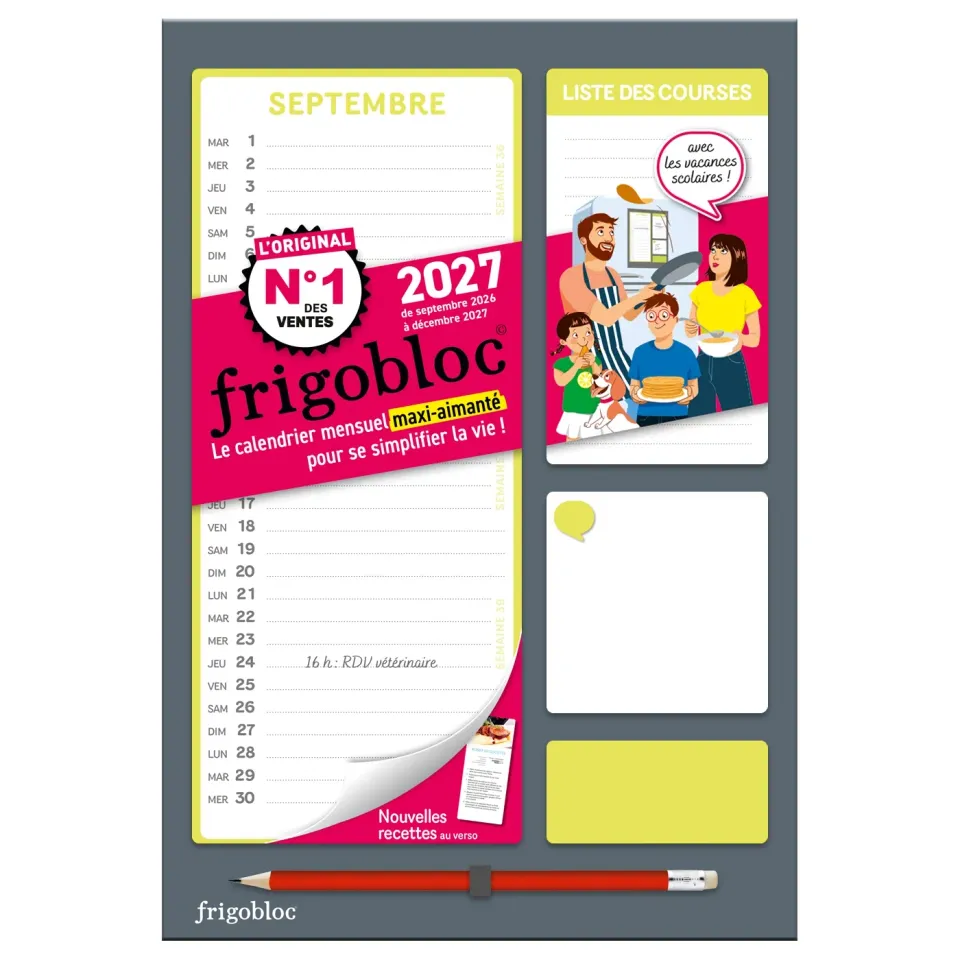 Frigobloc Mensuel Compact 2027 calendrier familial sept 2026-déc 2027
