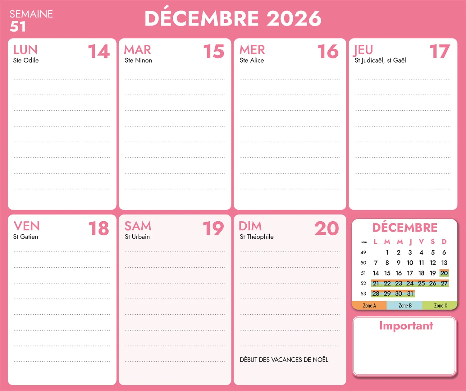 Frigobloc Hebdomadaire Cuisine AZ 2027 calendrier familial