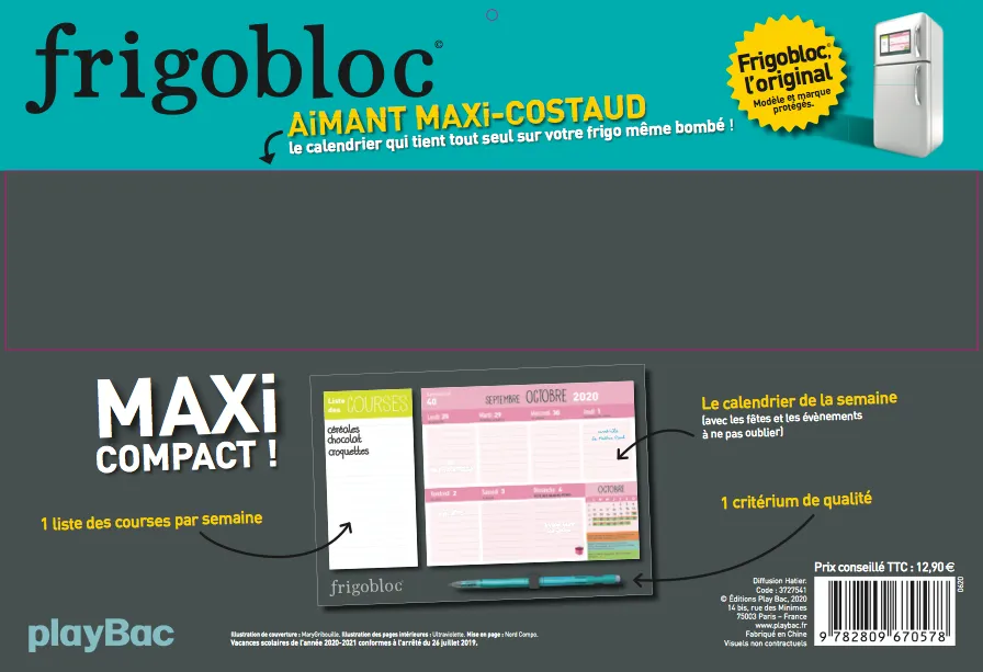 Frigobloc Mini hebdomadaire calendrier famille sept 2020-août 2021