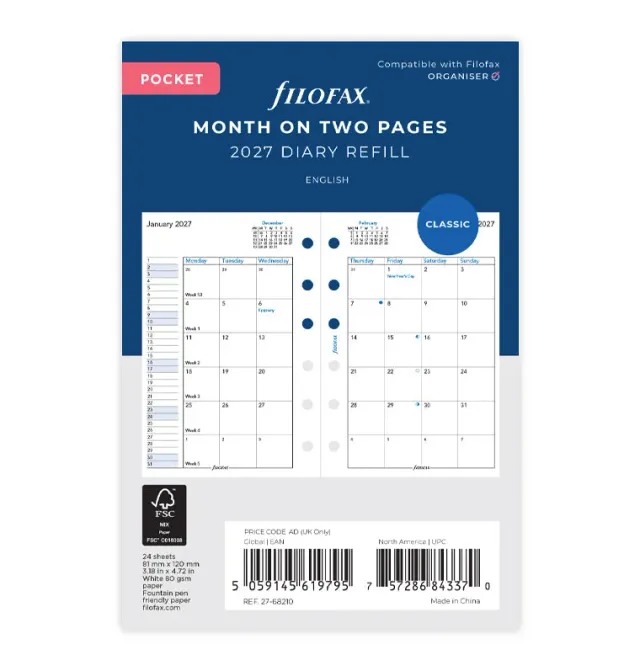 Filofax recharge agenda Pocket 2027 1 mois sur 2 pages anglais