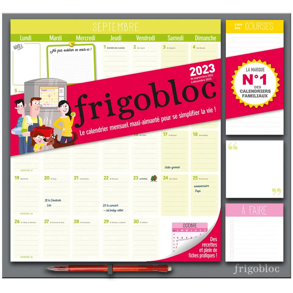 Frigobloc Mensuel 2023 calendrier familial aimanté sept 2022-déc 2023