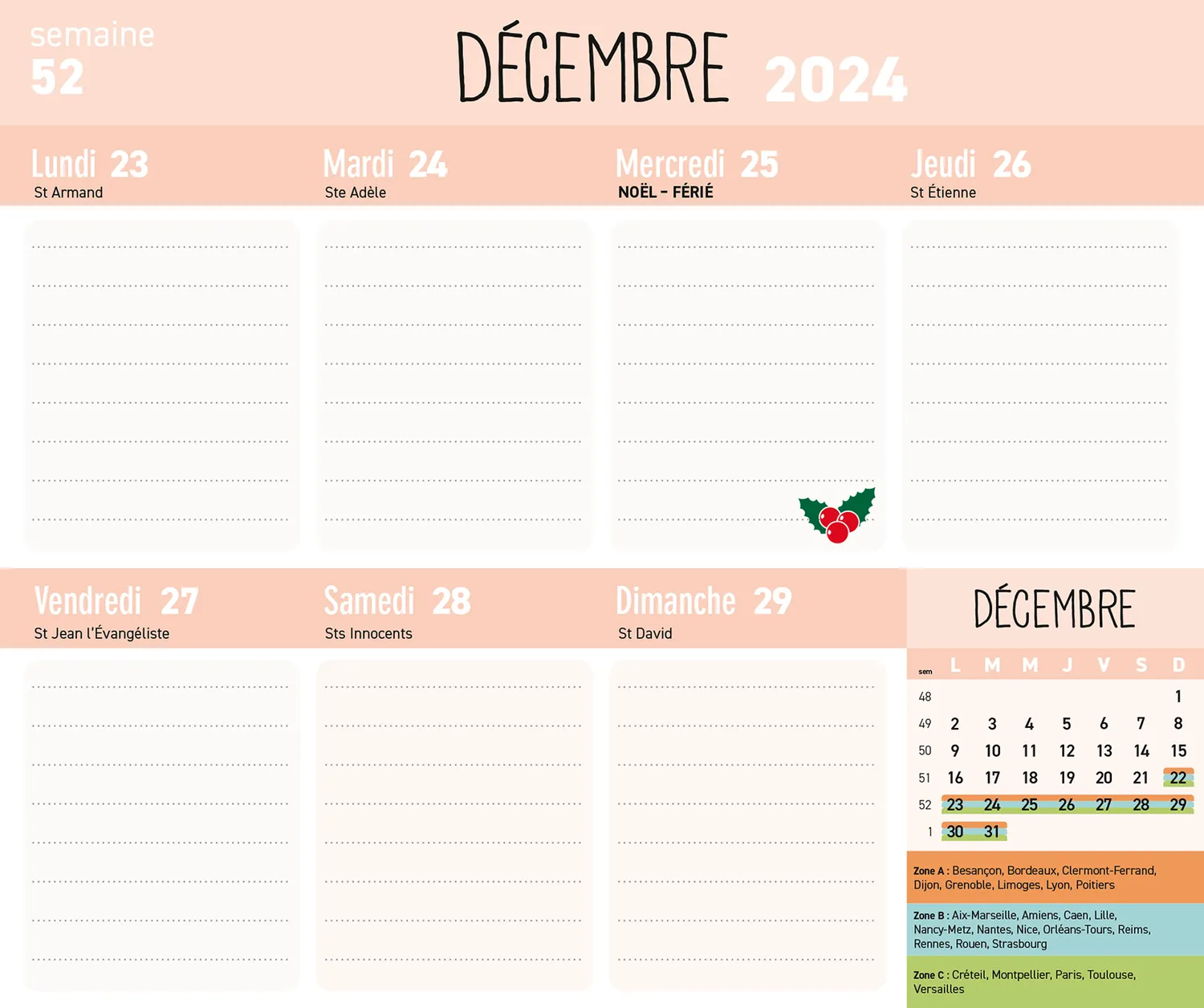 Mini Frigobloc Hebdomadaire 2025 calendrier frigo zéro déchet 16 mois