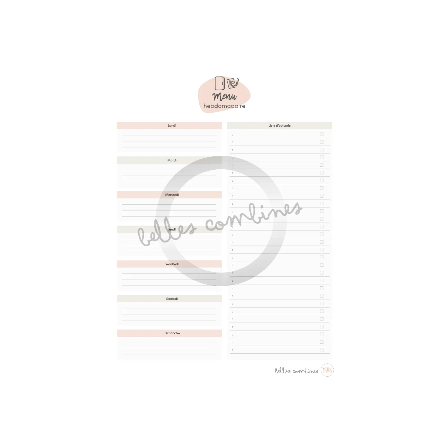 Les Belles Combines Menu hebdomadaire fiche liste d'épicerie française