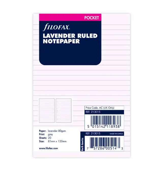 Filofax recharge feuilles lignées Pocket lavande 20 feuilles