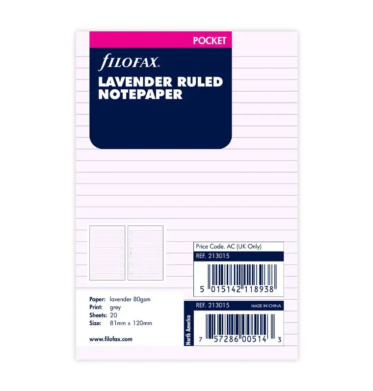Filofax recharge feuilles lignées Pocket lavande 20 feuilles