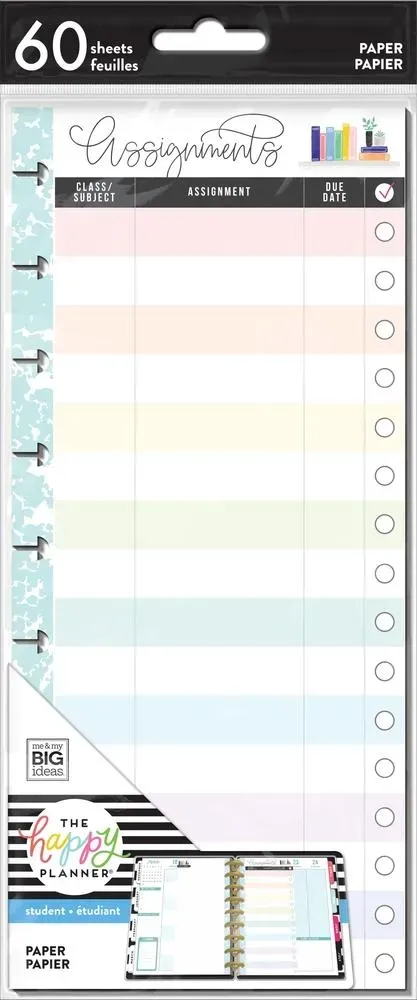 Happy Planner Rainbow Student Assignments demi-page recharge devoirs 60 feuilles