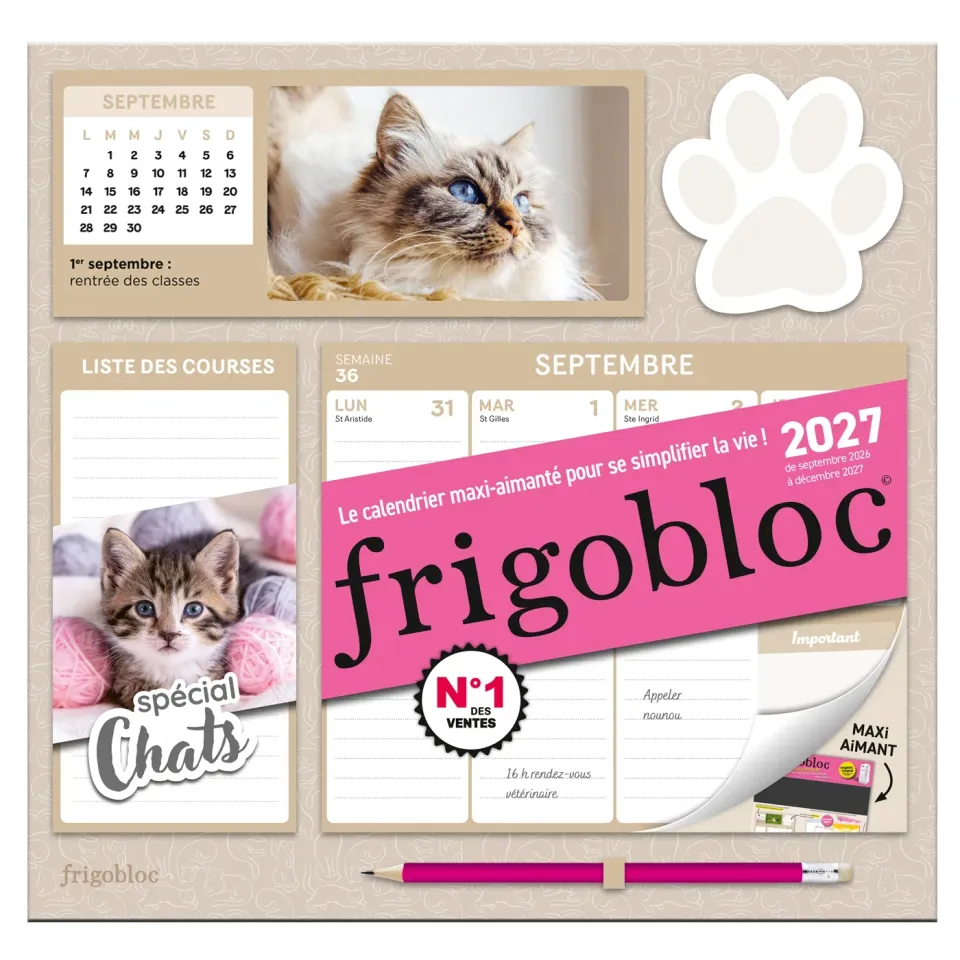 Frigobloc Hebdomadaire Chat 2027 calendrier familial 16 mois