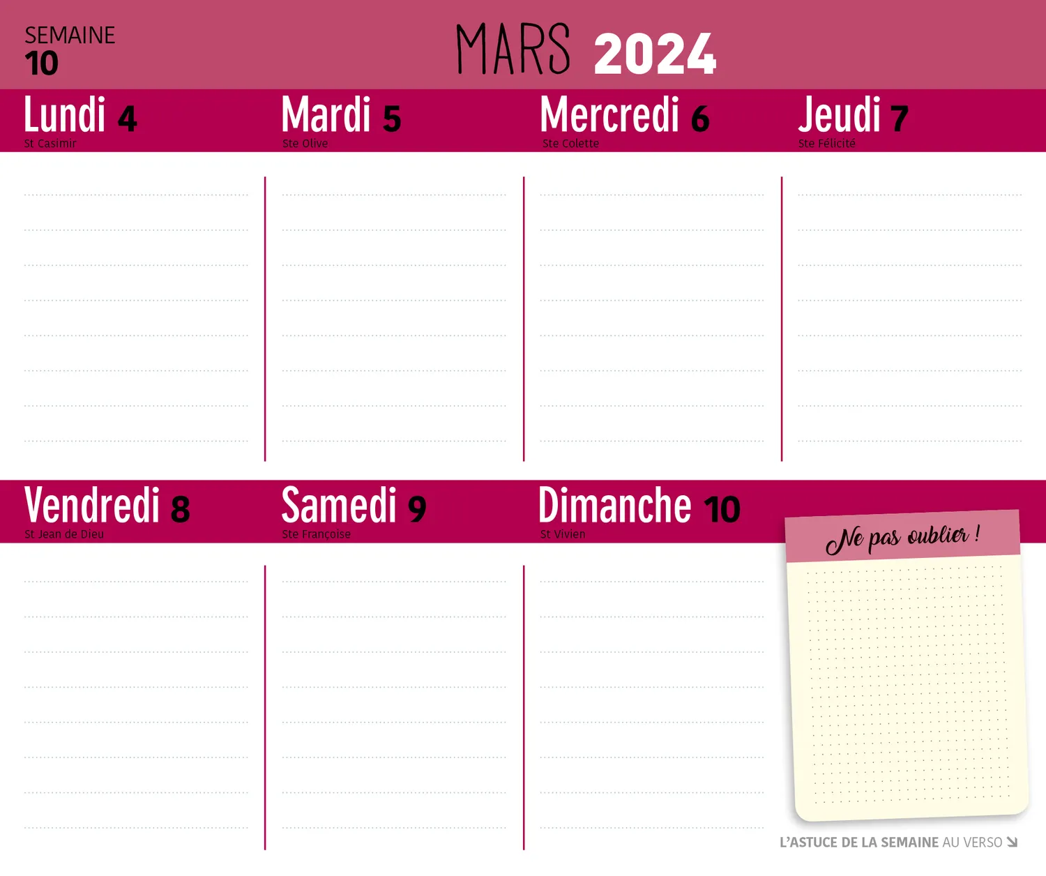 Frigobloc Hebdomadaire 2024 Maison zen calendrier familial