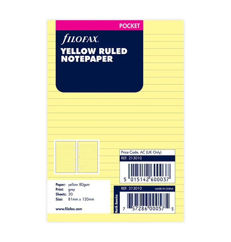 Filofax recharge lignée Pocket jaune 20 feuilles