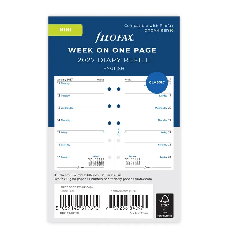 Filofax Classic recharge Mini 1 semaine par page 2027 anglais