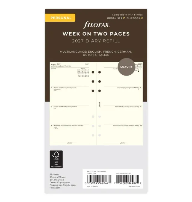 Filofax Classic recharge agenda 2027 semaine 2 pages Personal
