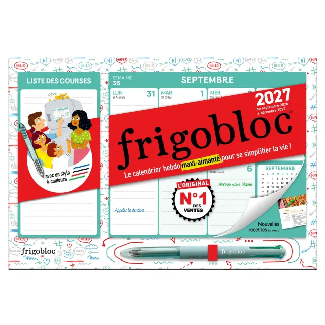 Frigobloc Mini Hebdomadaire 2027 calendrier familial 4 couleurs