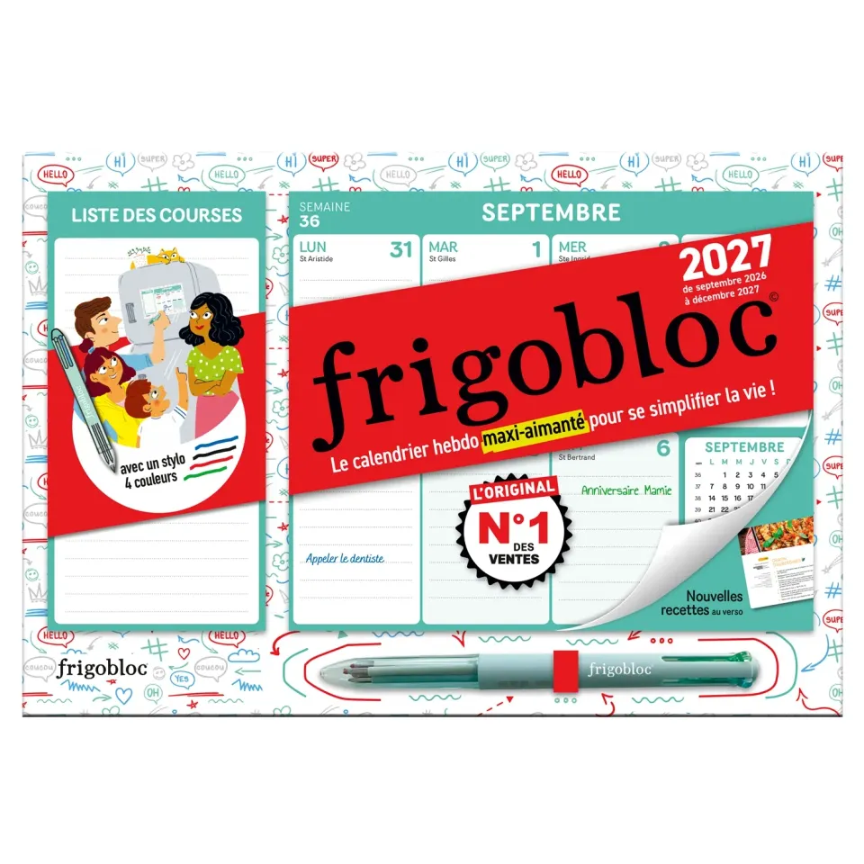 Frigobloc Mini Hebdomadaire 2027 calendrier familial 4 couleurs