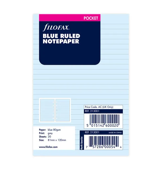 Filofax Classic recharge feuilles lignées Pocket bleu x20