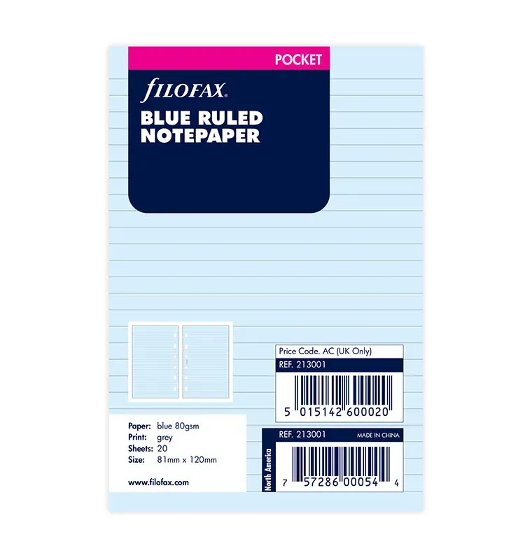 Filofax Classic recharge feuilles lignées Pocket bleu x20