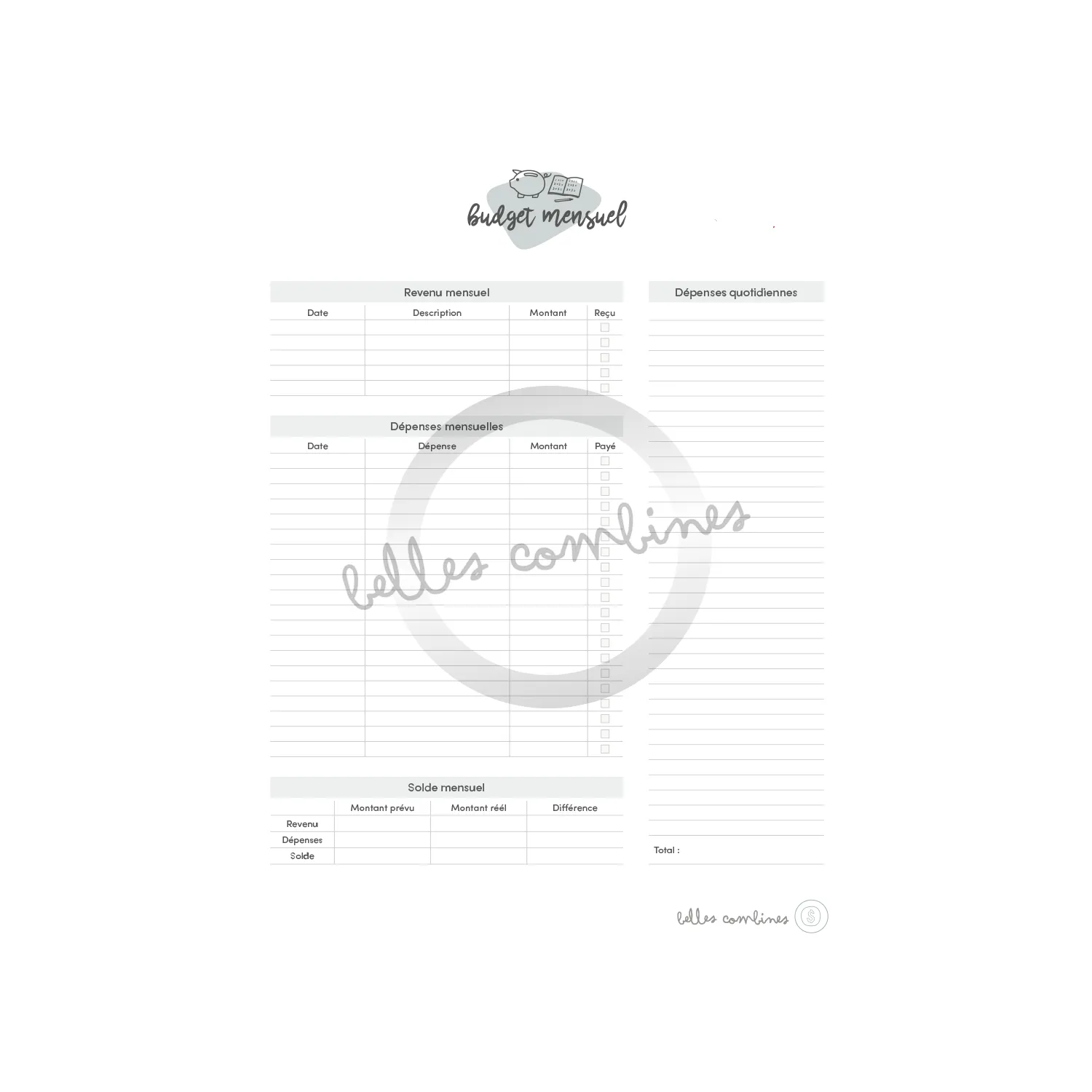 Les Belles Combines modèle 3 fiche budget mensuel français à imprimer