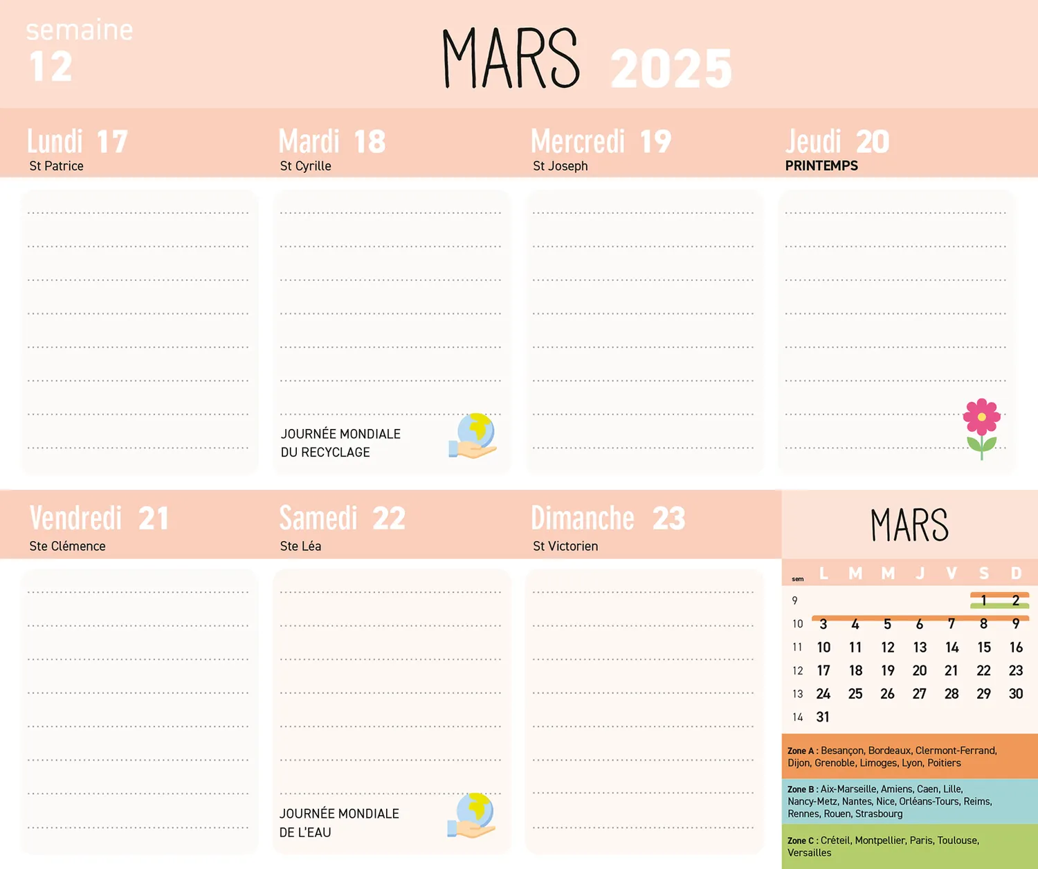 Mini Frigobloc Hebdomadaire 2025 calendrier frigo zéro déchet 16 mois