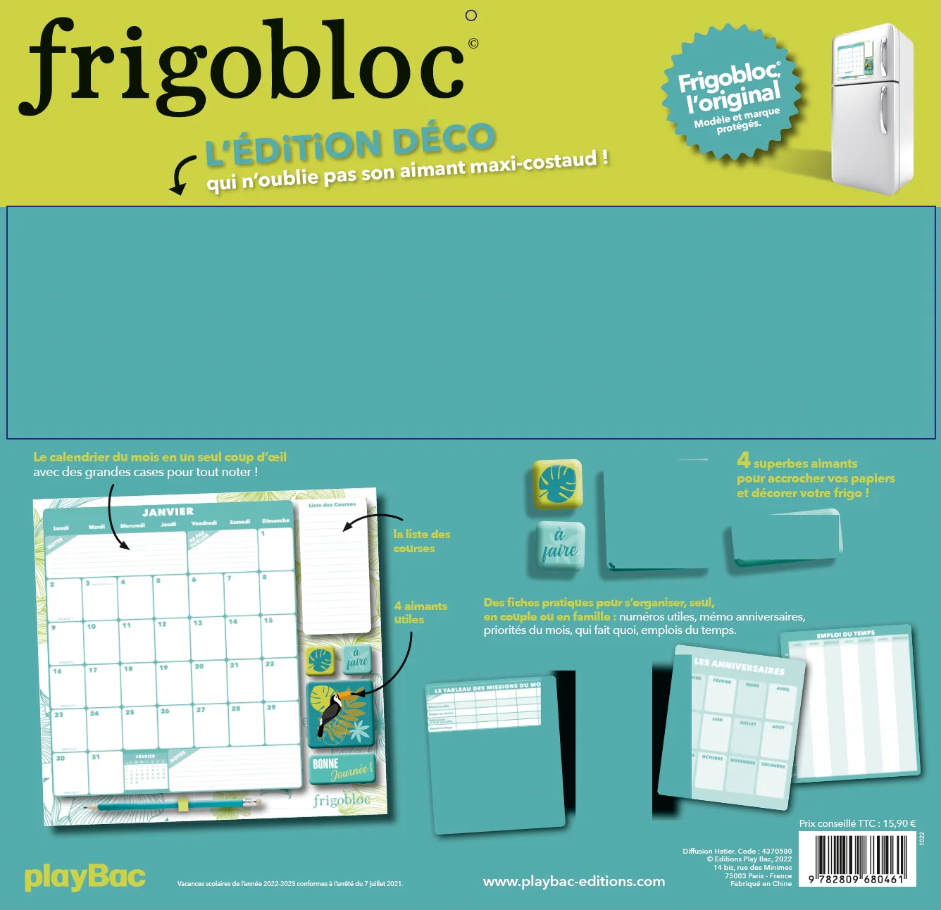 Frigobloc Mensuel 2023 Déco vert calendrier familial aimanté