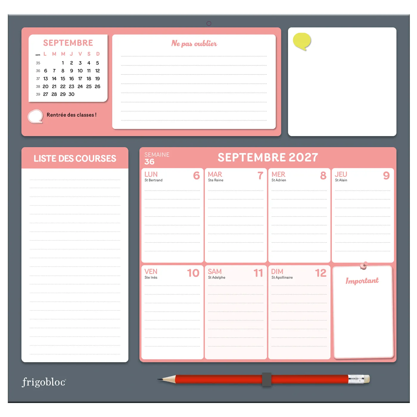 Frigobloc Hebdomadaire 2027 calendrier familial sept 2026-déc 2027 aimanté