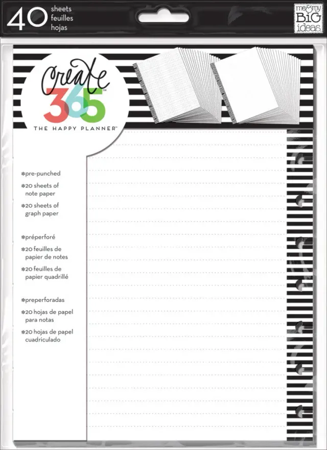 Happy Planner Note Graph B&W Stripes recharge Classic 40 feuilles