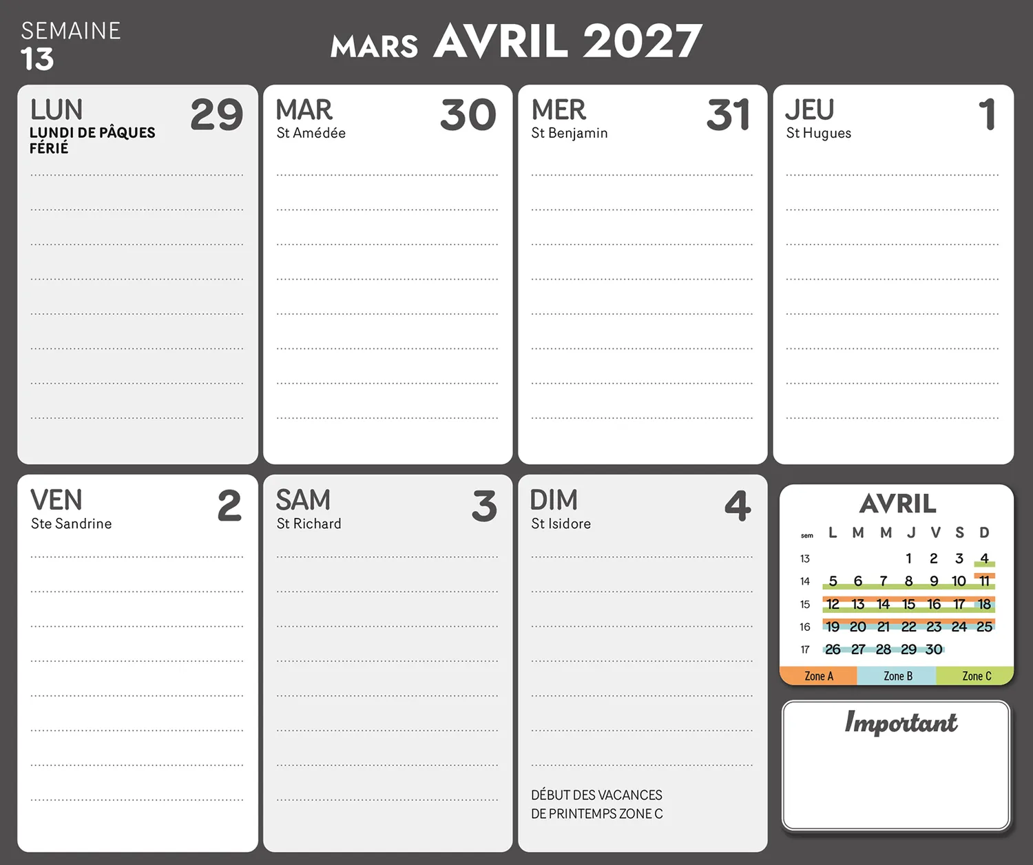 Frigobloc Hebdomadaire Cuisine AZ 2027 calendrier familial