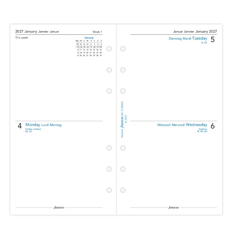 Filofax Classic recharge agenda 2 jours par page Personal 2027