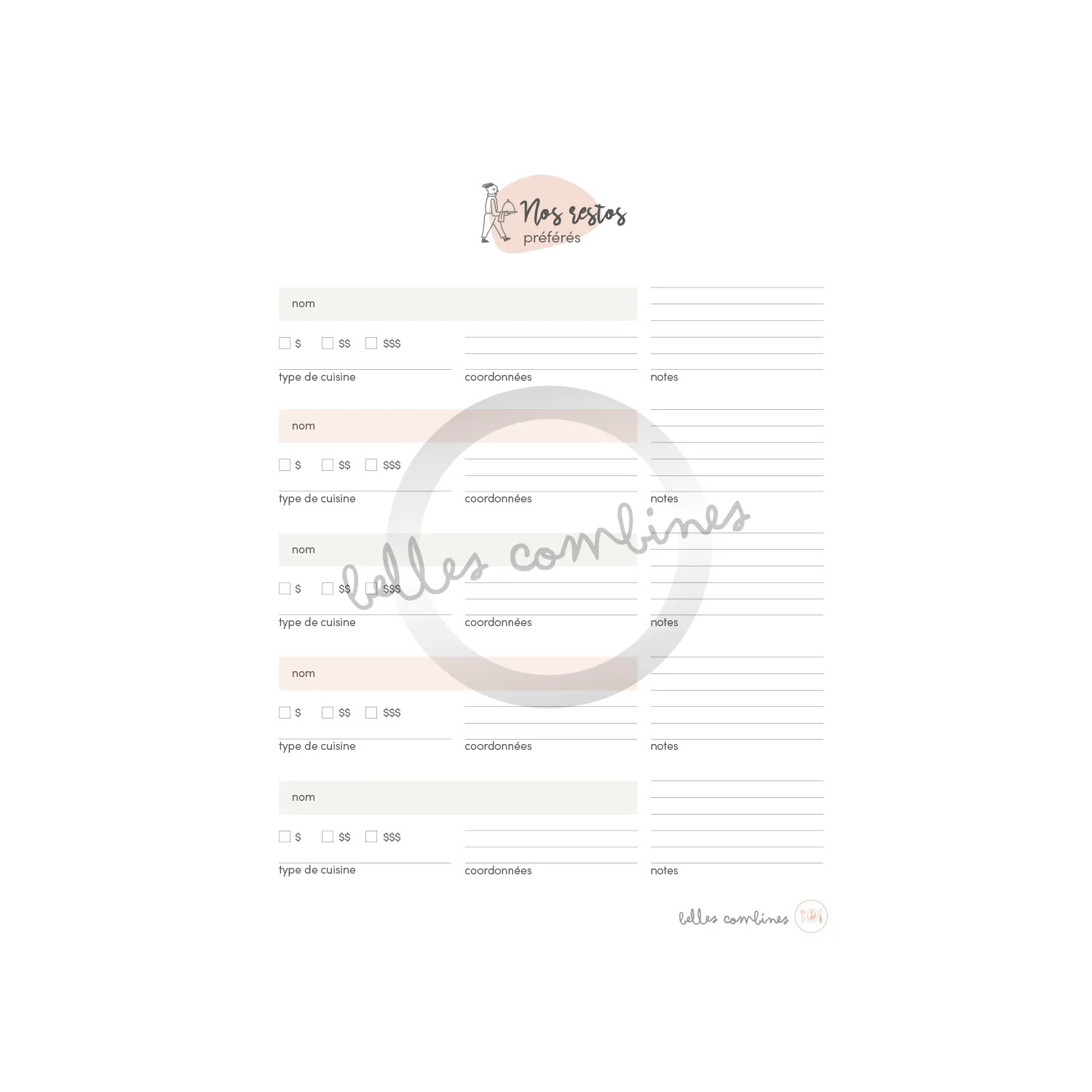 Les Belles Combines Nos restos préférés fiche carnet à imprimer