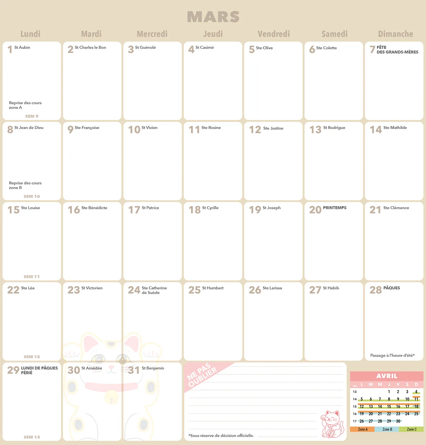 Frigobloc Mensuel 2027 Déco Chats calendrier familial aimanté