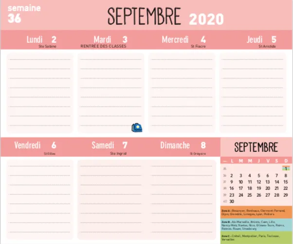 Frigobloc Mini hebdomadaire calendrier famille sept 2020-août 2021