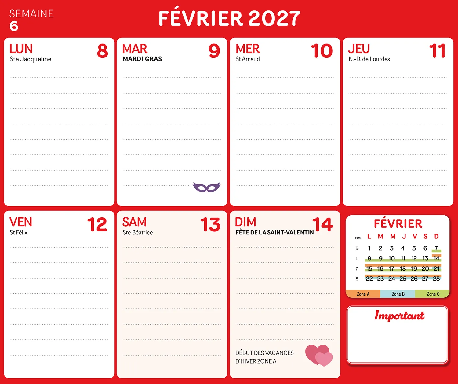 Frigobloc Mini Hebdomadaire 2027 calendrier familial 4 couleurs