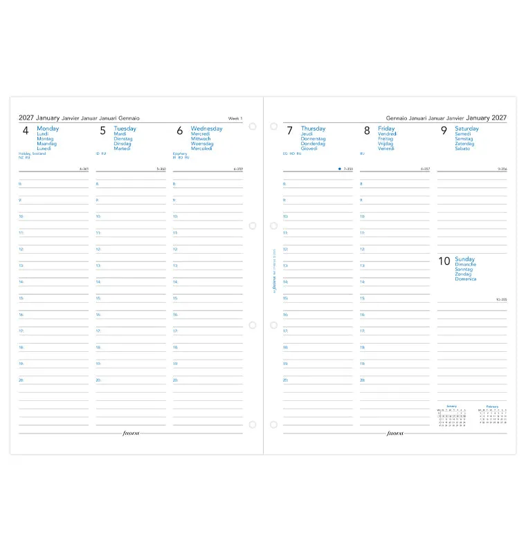 Filofax Classic recharge agenda 2027 A4 horaire multilingue