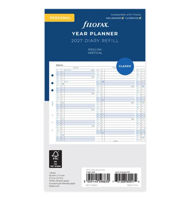 Filofax 68402 Recharge Agenda 2027 Verticale Personal semaine