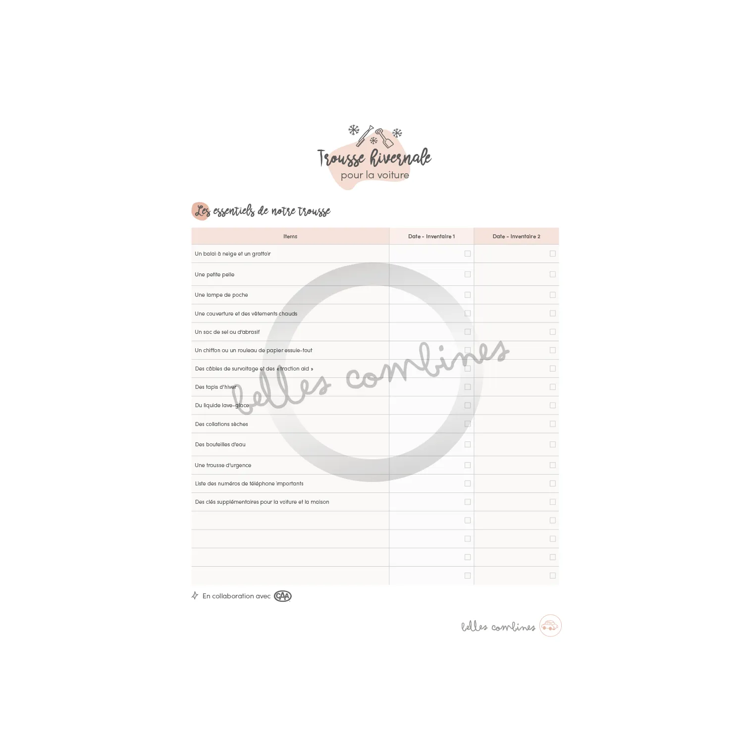Les Belles Combines Trousse hivernale pour la voiture CAA fiche auto
