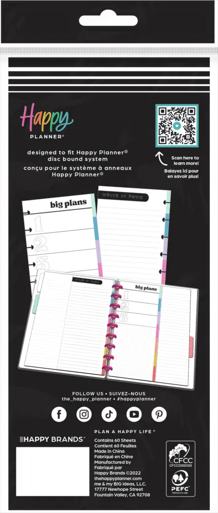 Happy Planner Happy Brights papier recharge dashboard classic 60 feuilles