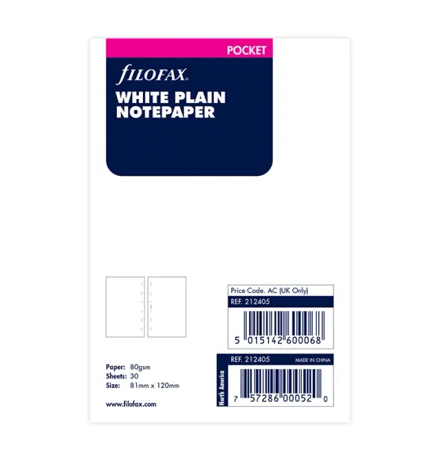 Filofax Pocket recharge papier uni blanc 30 feuilles