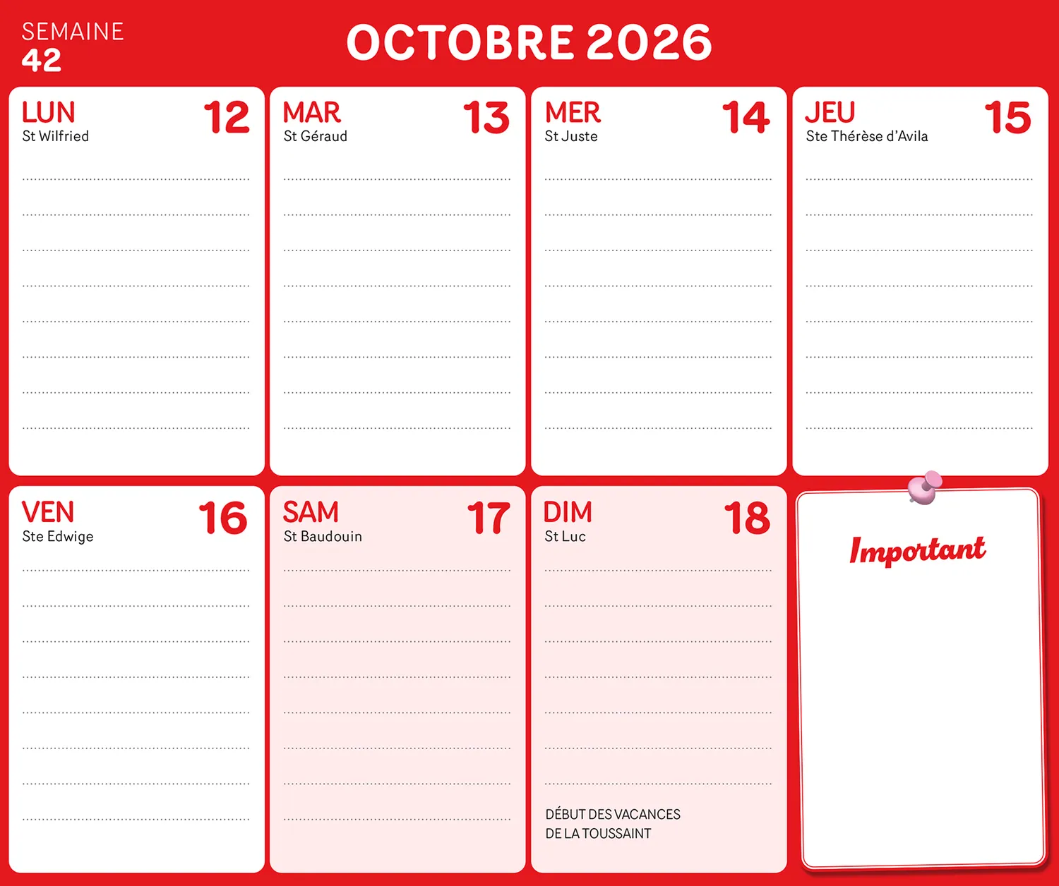 Frigobloc Hebdomadaire 4 couleurs 2027 calendrier familial 16 mois