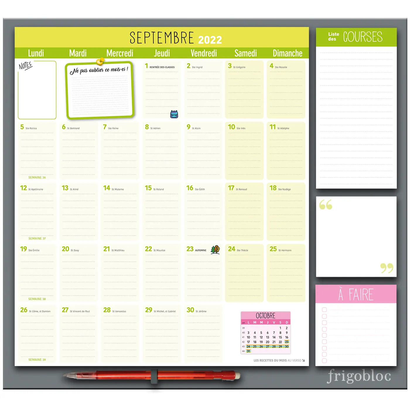 Frigobloc Mensuel 2023 calendrier familial aimanté sept 2022-déc 2023