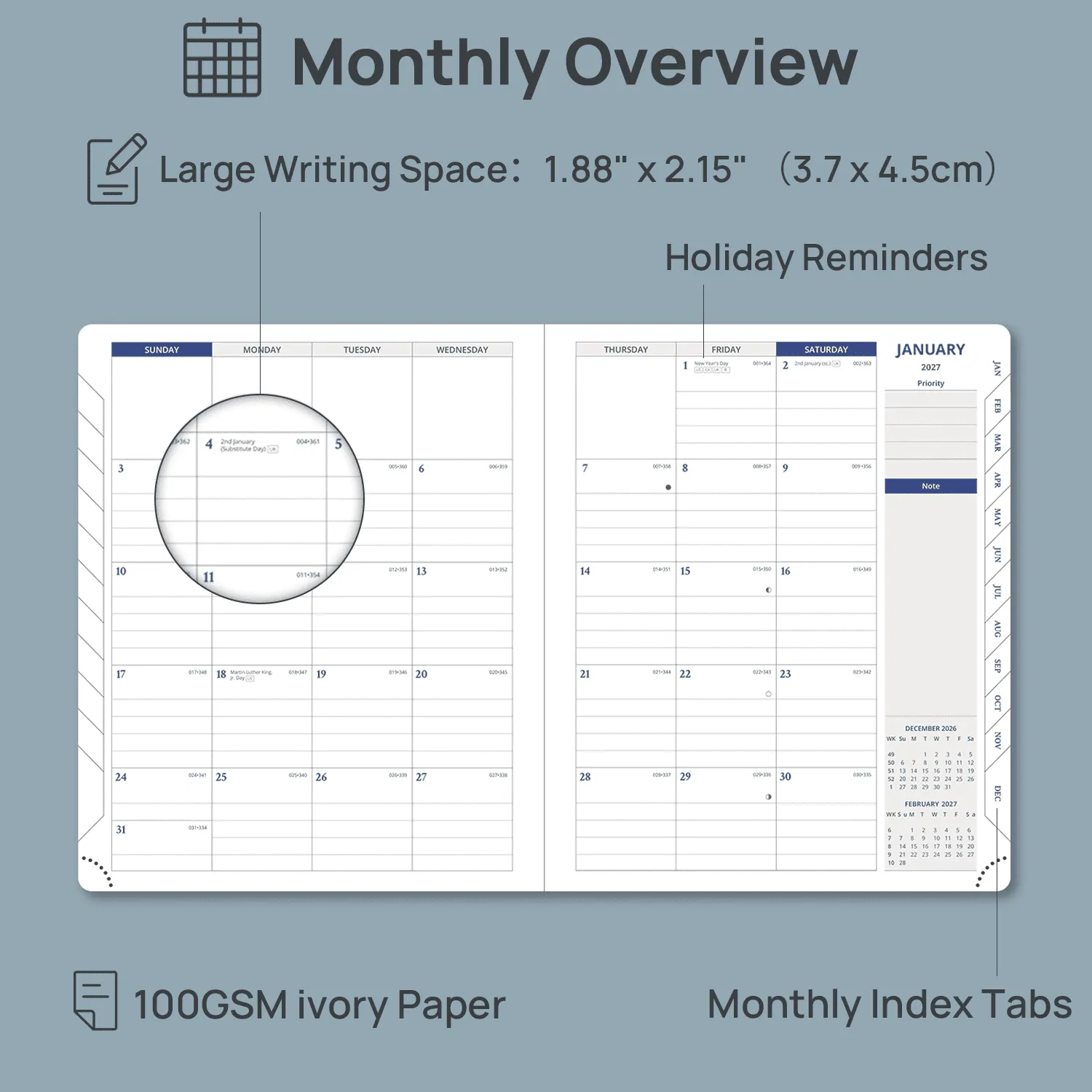 Poprun CELV7-27 agenda semainier 2027 souple bleu marine